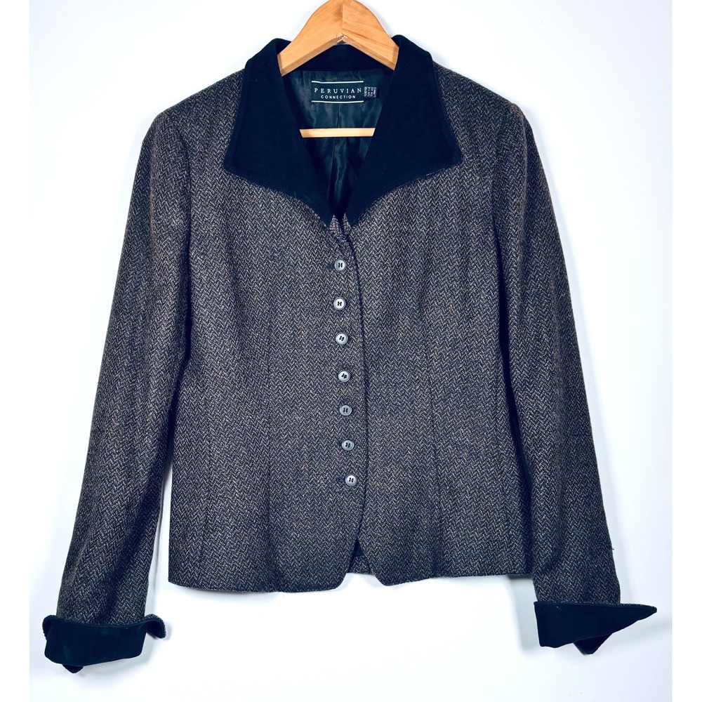 Peruvian Connection Alpaca Wool Jacket US 10 Brown Herringbone Equestrian